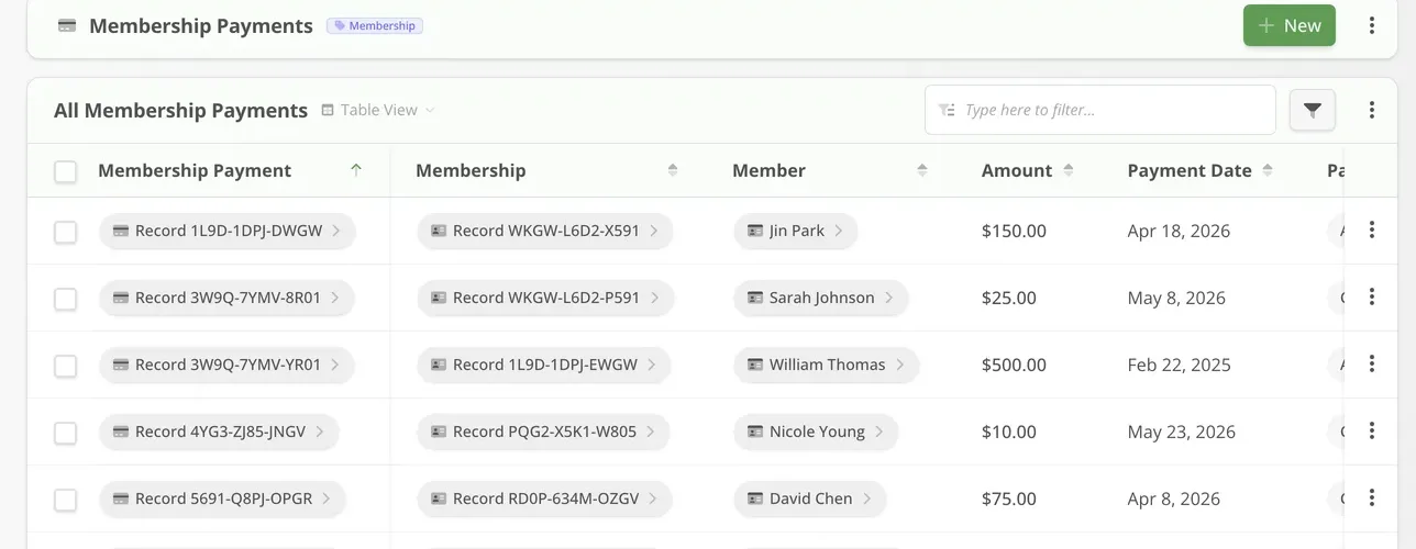 Illustrative Simply Fitness membership payment records, cropped demo table.